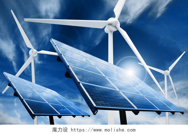 蓝色背景前太阳能光伏板和如风涡轮动力装置图新能源发电